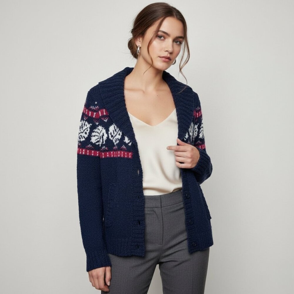 Tommy Bahama Womens Xsmall Tropical Fair Isle Cardigan Ocean Deep